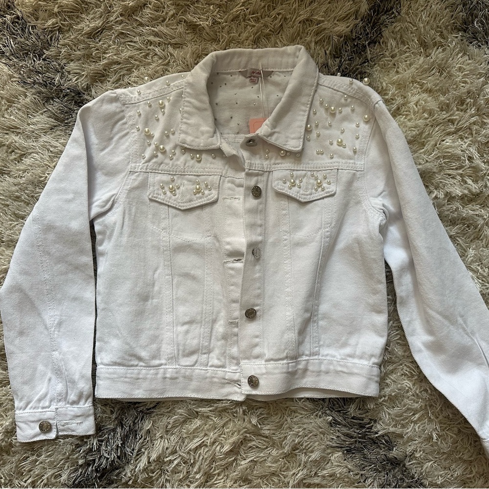 Miss to Mrs white denim Pearl bridal jacket — MRS JONES